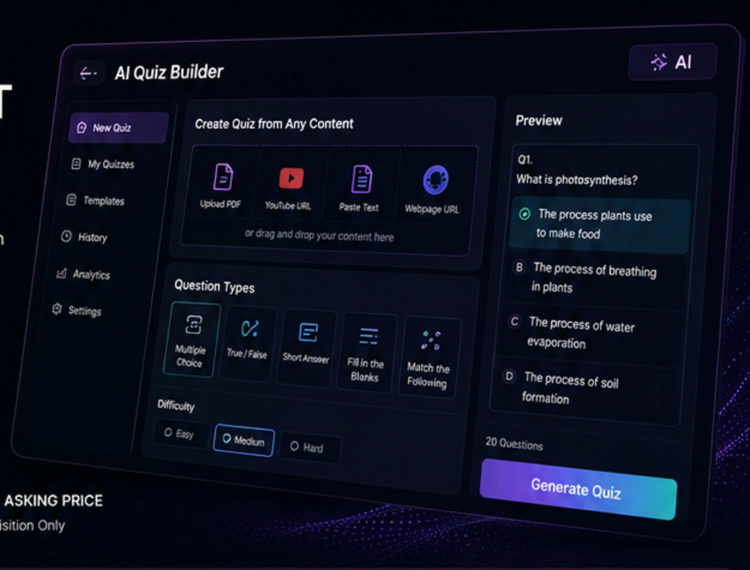 AI quiz builder product concept
